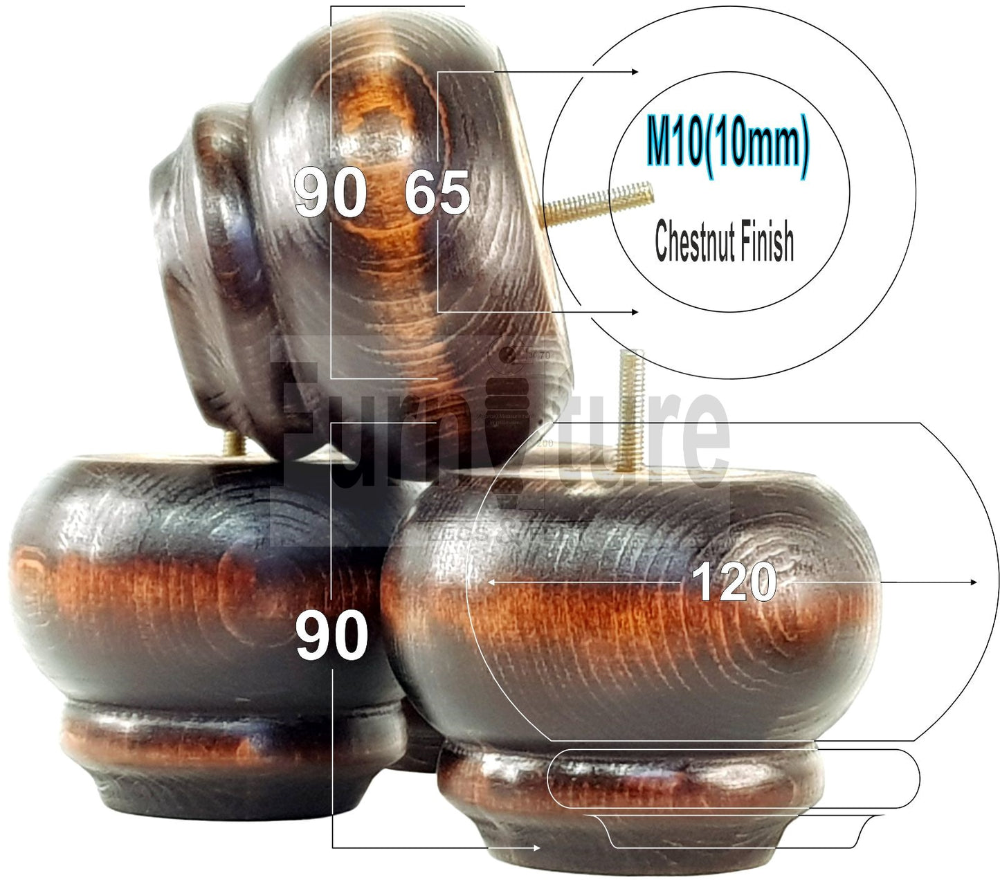  4 Turned Wooden Furniture Legs Replacement Feet 50mm High 10mm Thread For Settees, Chairs