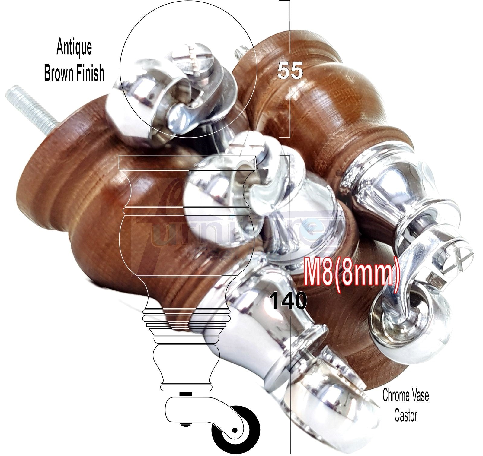 4x Turned Wood Furniture Legs With Chrome Castor Wheels 150mm High M8(8mm)