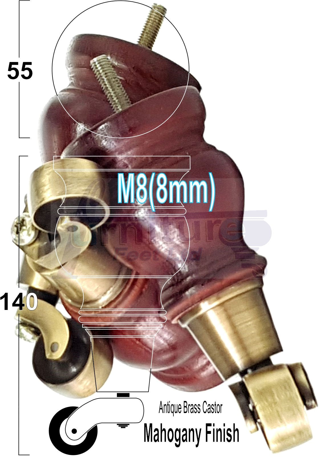 Set Of 4 Turned Wood Furniture Legs With140mm High Castor 8mm Thread For Chairs Settees & Cabinets