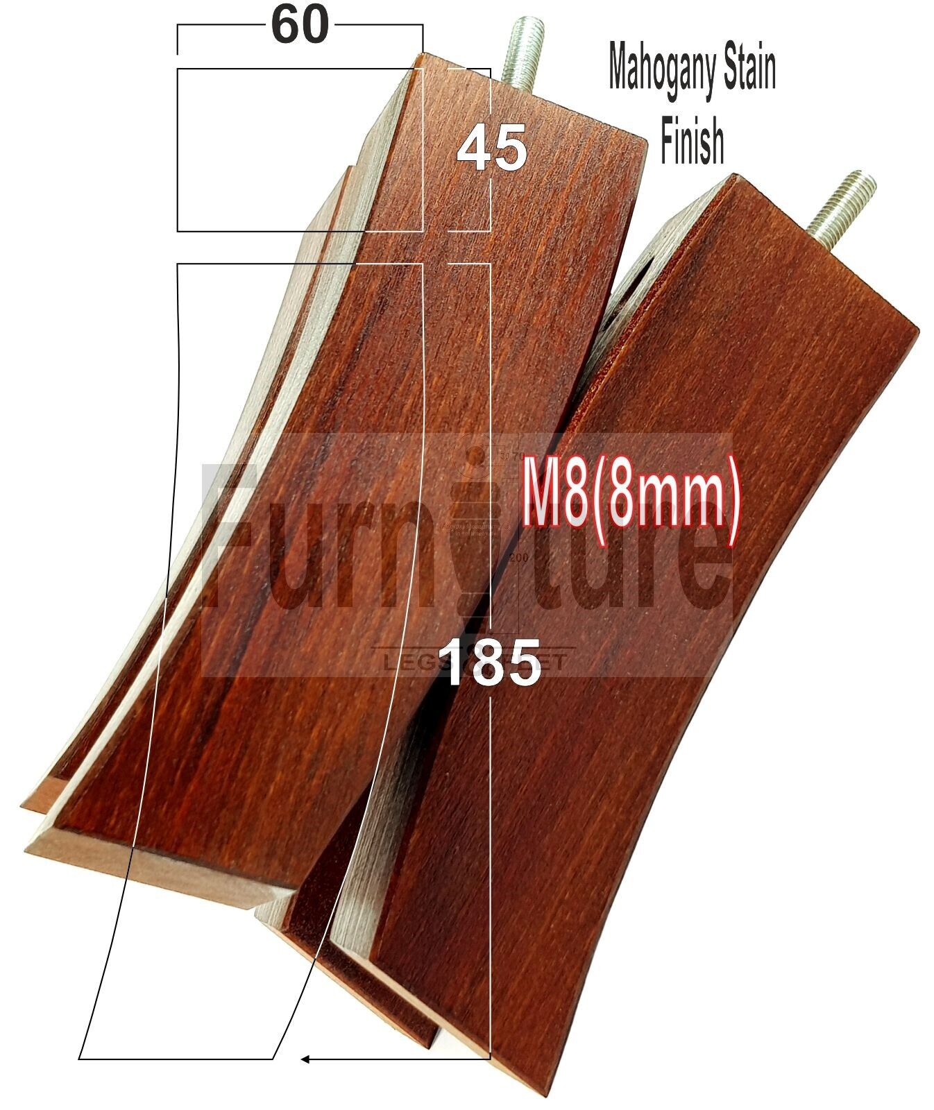 Set Of 4 Solid Wood Curved Furniture Feet Replacement Legs 185mm High M8(8mm)