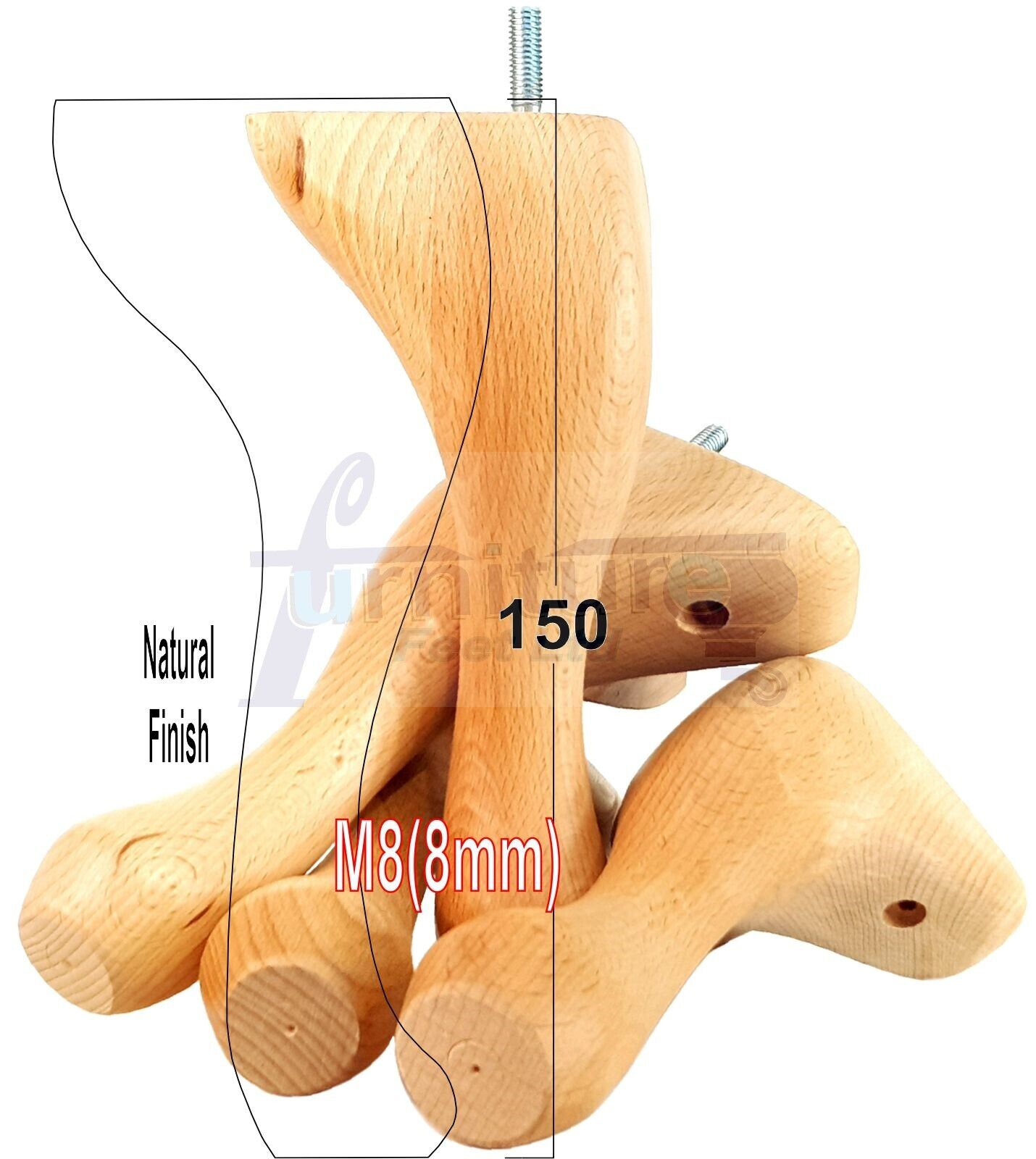 4 Solid Wood Furniture Feet 150mm High Queen Anne Replacement Legs M8 (8mm) 6 Inches Chair Stools Bed Sofa Georgian Style