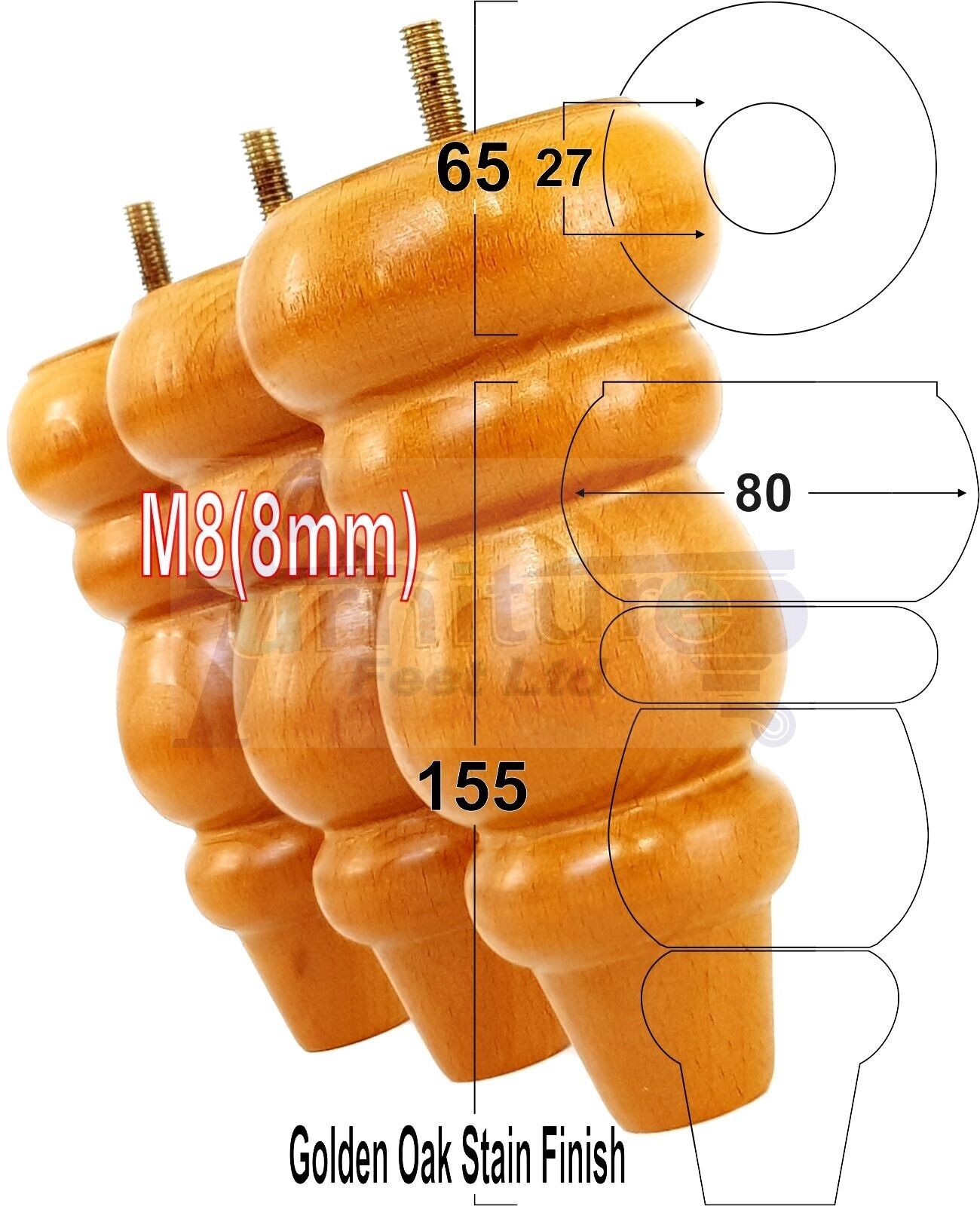 4 Solid Turned Wood Furniture Sofa Leg M8 Chair Settee Footstool Feet 155mm High