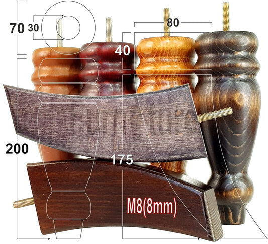 2 Turned Furniture Feet Replacement Sofa Legs 200mm & 2 Curved Back Legs 185mm for Chairs Sofa Settee Cabinets M8