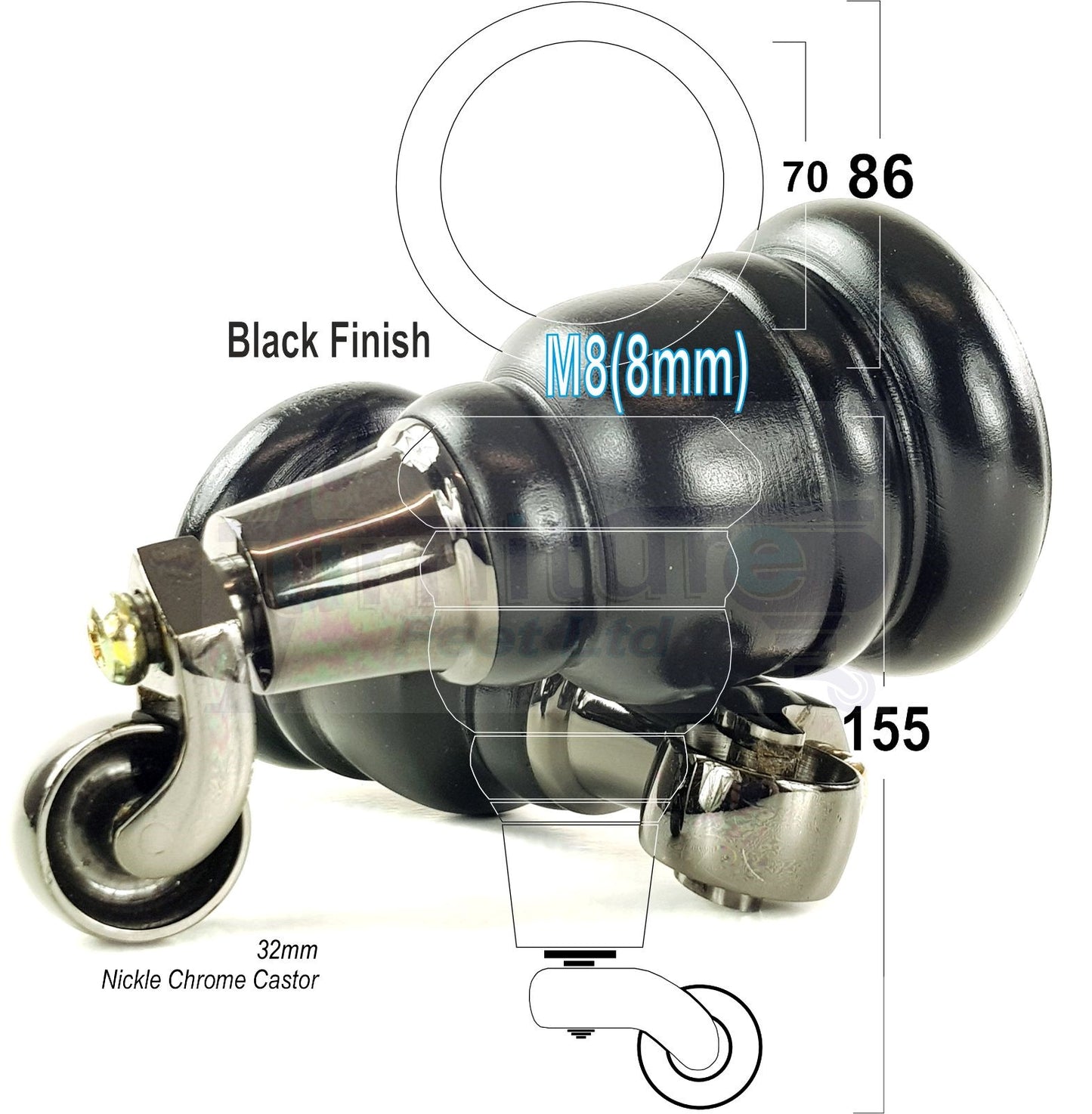 4 Turned Wood Furniture Feet With Black Chrome Castors 155mm Legs Sofas Chairs Stools Cabinets Beds M8 6 Inches