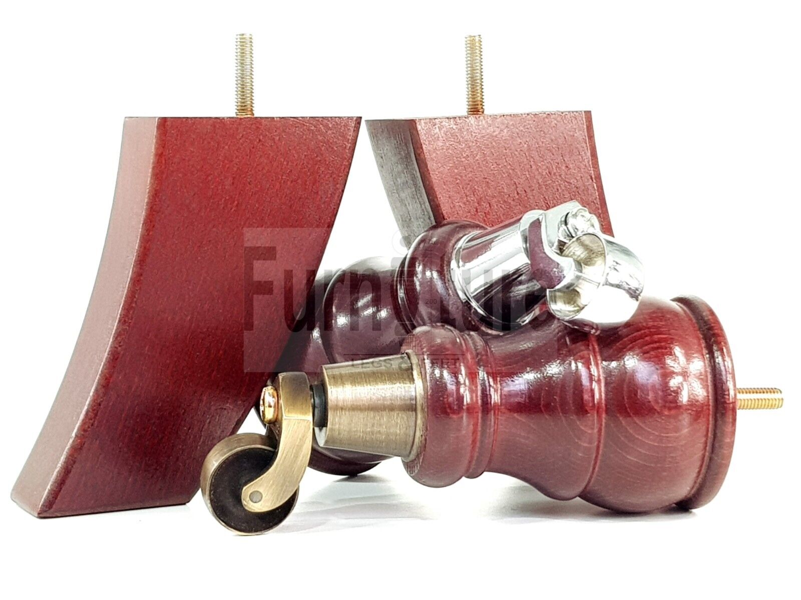 2 Wooden Castor Furniture Sofa Legs & 2 Curved Back Feet  Mahogany M8 Chair Settee Feet 160mm High