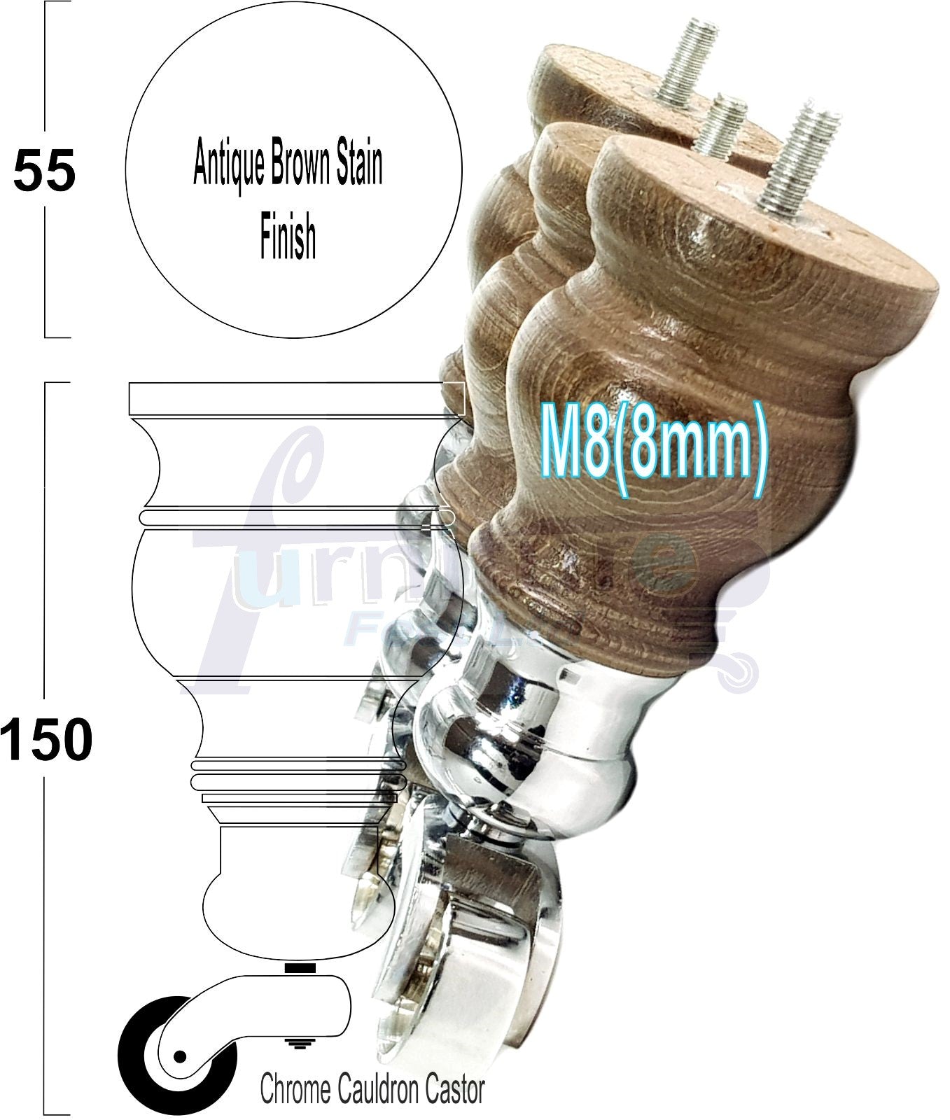 Set Of 4 Turned Wood Furniture Legs With 150mm High Castor 8mm Thread For Chairs Settees & Cabinets Antique Brown Stain