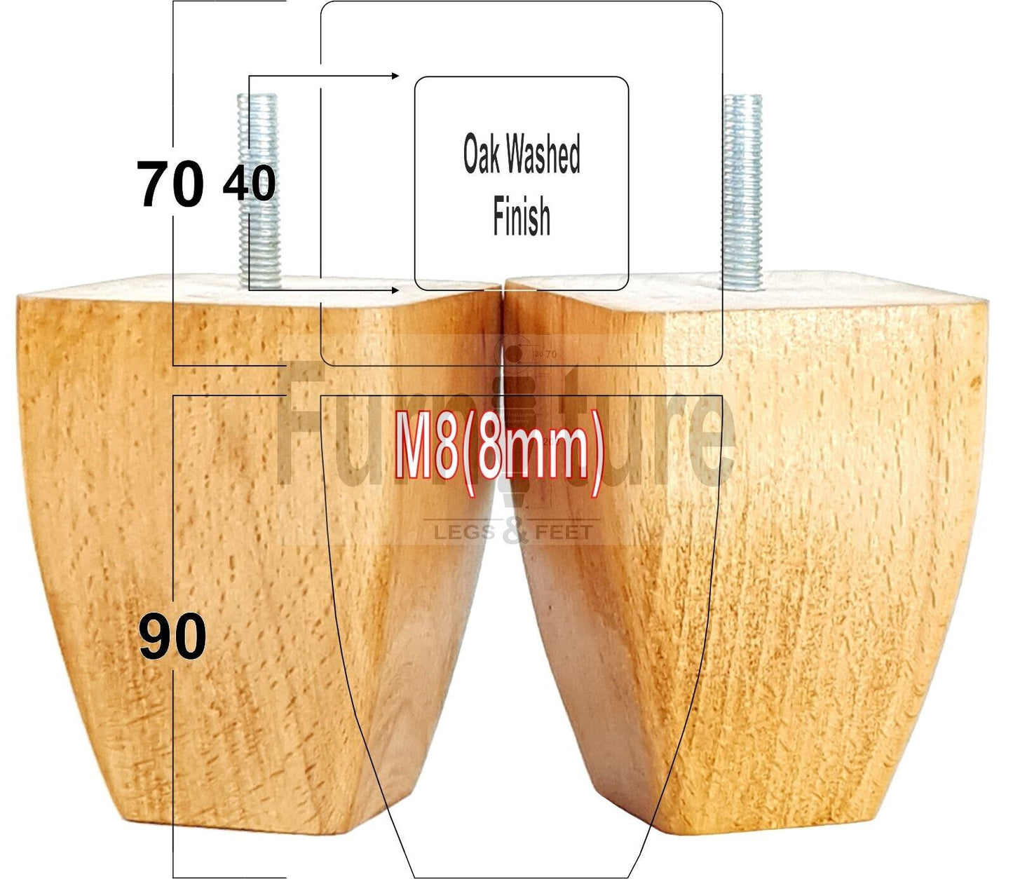 Set Of 4 Solid Wooden Block Furniture Feet Replacement Legs 90mm High M8(8mm)