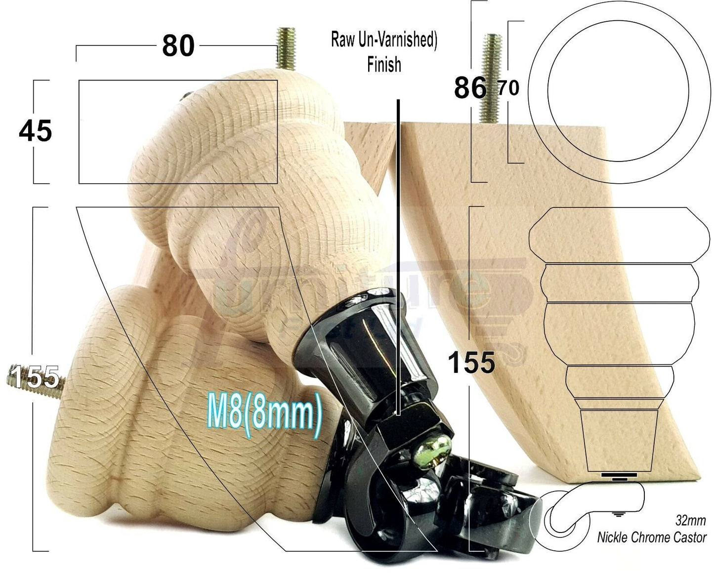 Turned Raw Wood Furniture Feet 2 With Castors 155mm and 2 Curved Back Legs Sofas Chairs Stools Cabinets Beds M8 6 Inches