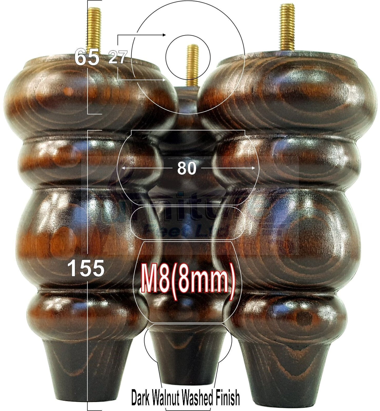 4 Solid Turned Wood Furniture Sofa Leg M8 Chair Settee Footstool Feet 155mm High