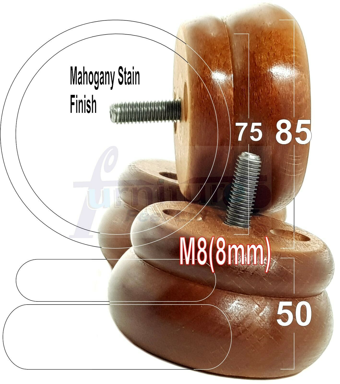 Set Of 4 Turned Wooden Furniture Legs Replacement Bun Feet 50mm High 8mm Thread