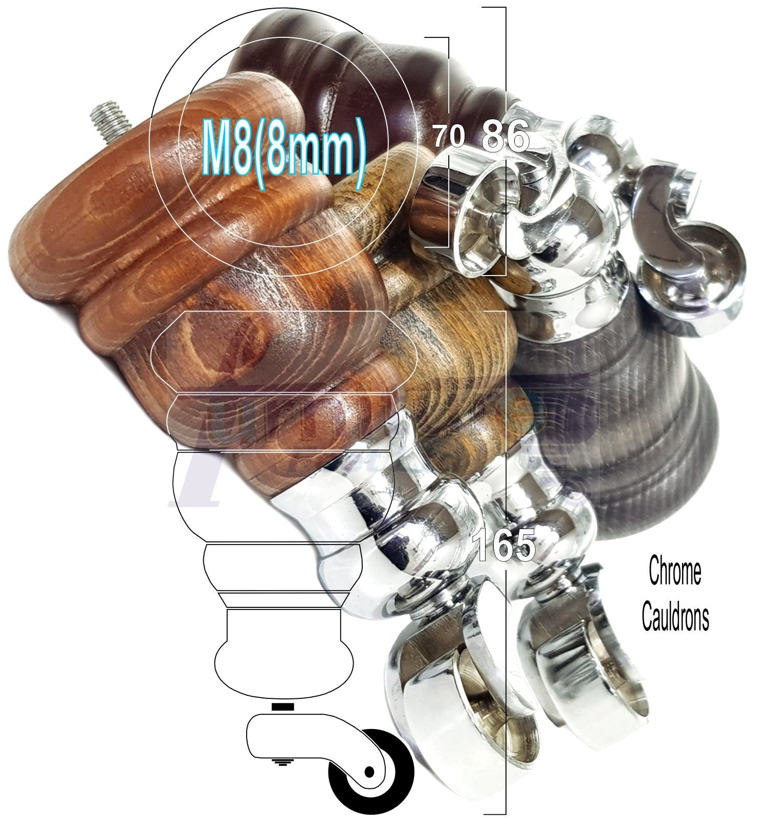 4 Turned Wood Furniture Feet With Chrome Cauldron Castors 155mm Legs Sofas Chairs Stools Cabinets Beds M8 6 Inches