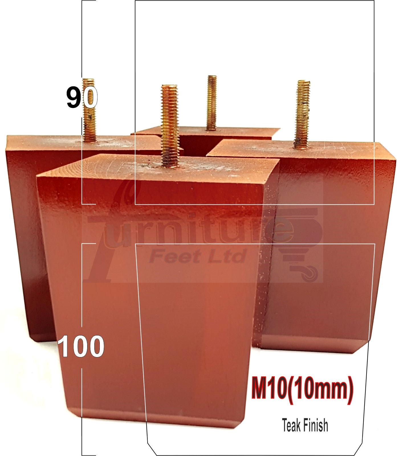 4x Solid Wood Square Furniture Legs Block Replacement Feet 100mm M10 Thread