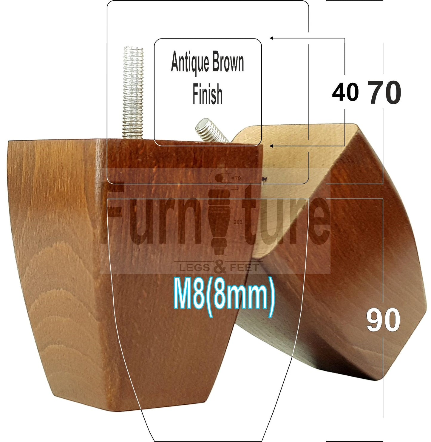 Set Of 4 Solid Wooden Block Furniture Feet Replacement Legs 90mm High M8(8mm)
