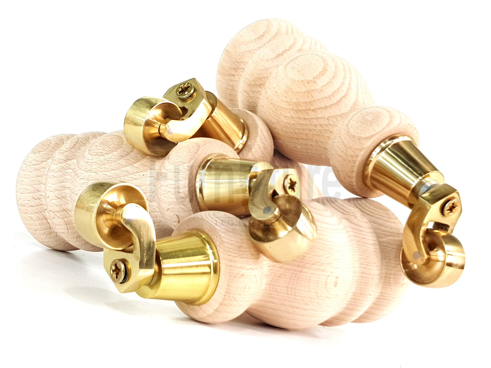 Set Of 4 Wooden Turned Replacement Furniture Legs 200mm High With Brass Castor Wheels 8mm Thread