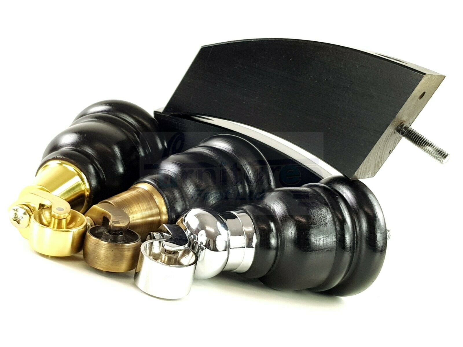 Black Turned Wood Furniture Feet 2 With Castors 155mm and 2 Curved Back Legs Sofas Chairs Stools Cabinets Beds M8 6 Inches