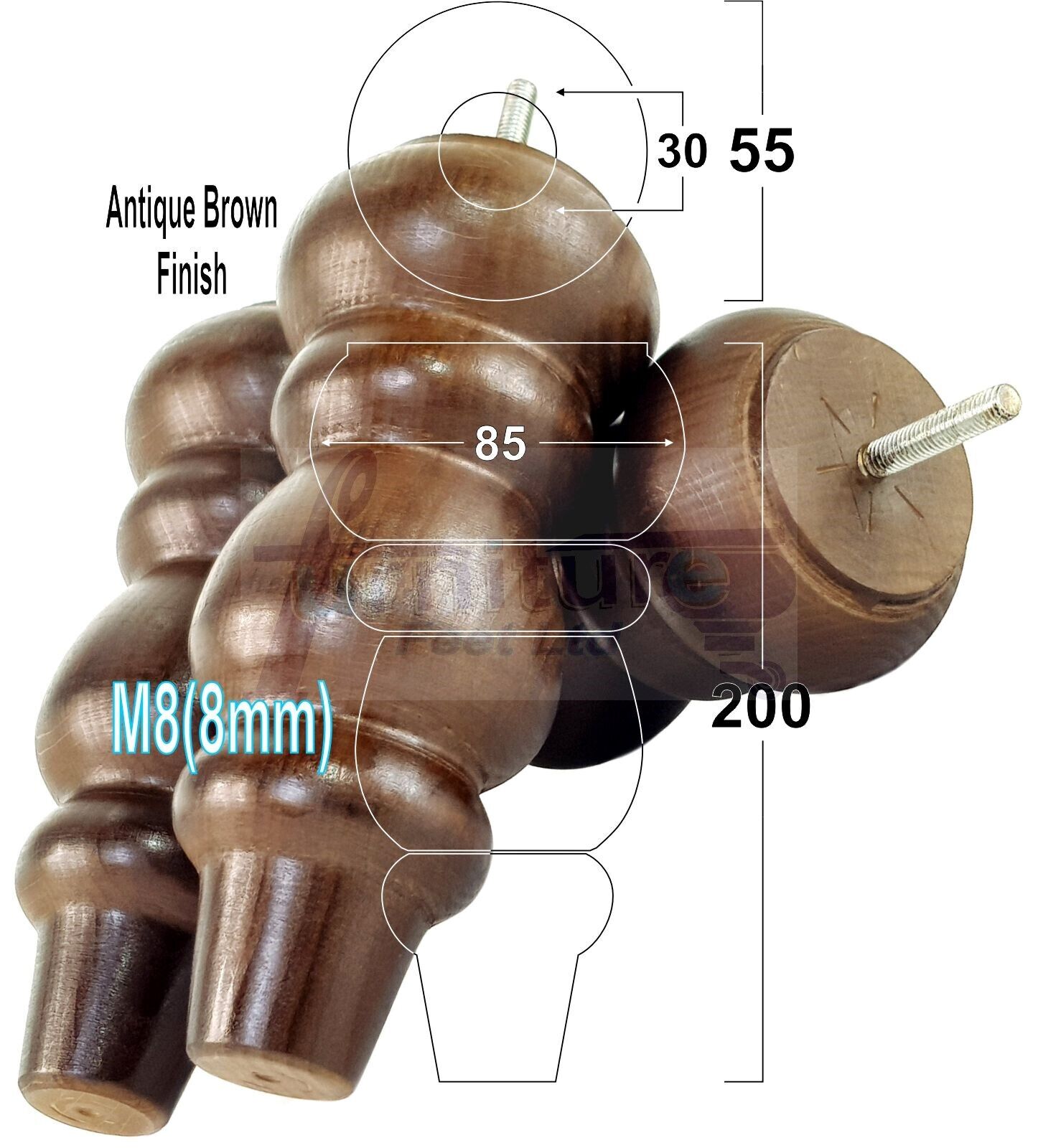 Solid Wood Furniture Feet Replacement Turned Legs 200mm High Chairs Stools Sofa's Beds Settee Cabinets M8 Various Colours Set of 4