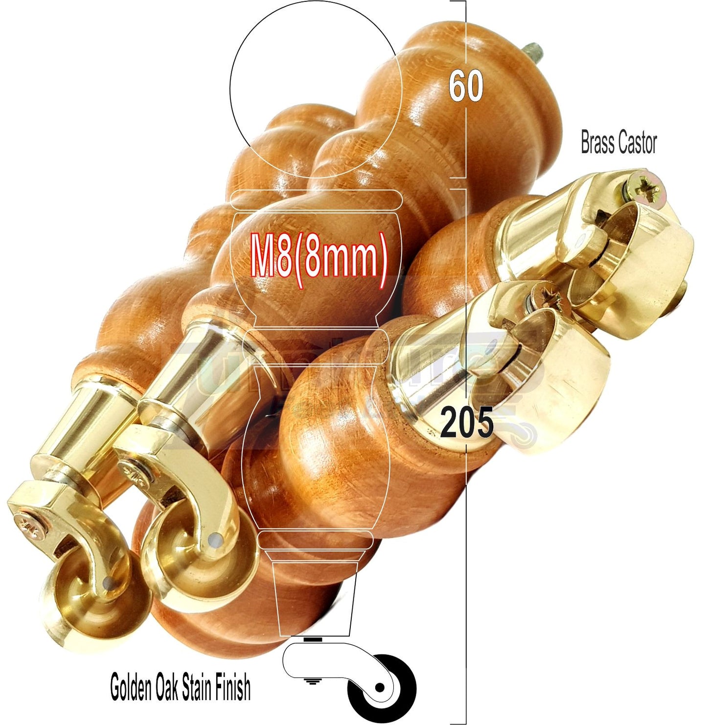 Solid Wood Furniture Feet With Castors Set of 4 Legs 205mm High For Sofas Chairs Stools Cabinets & Beds M8