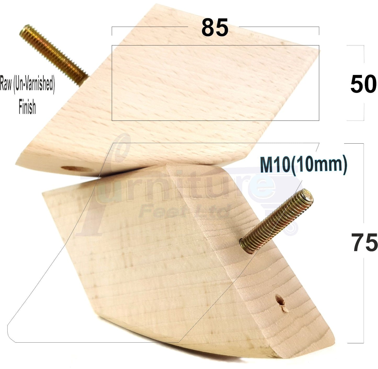 4x Wooden Furniture Legs 75mm High Replacement Sofa Feet 10mm Thread