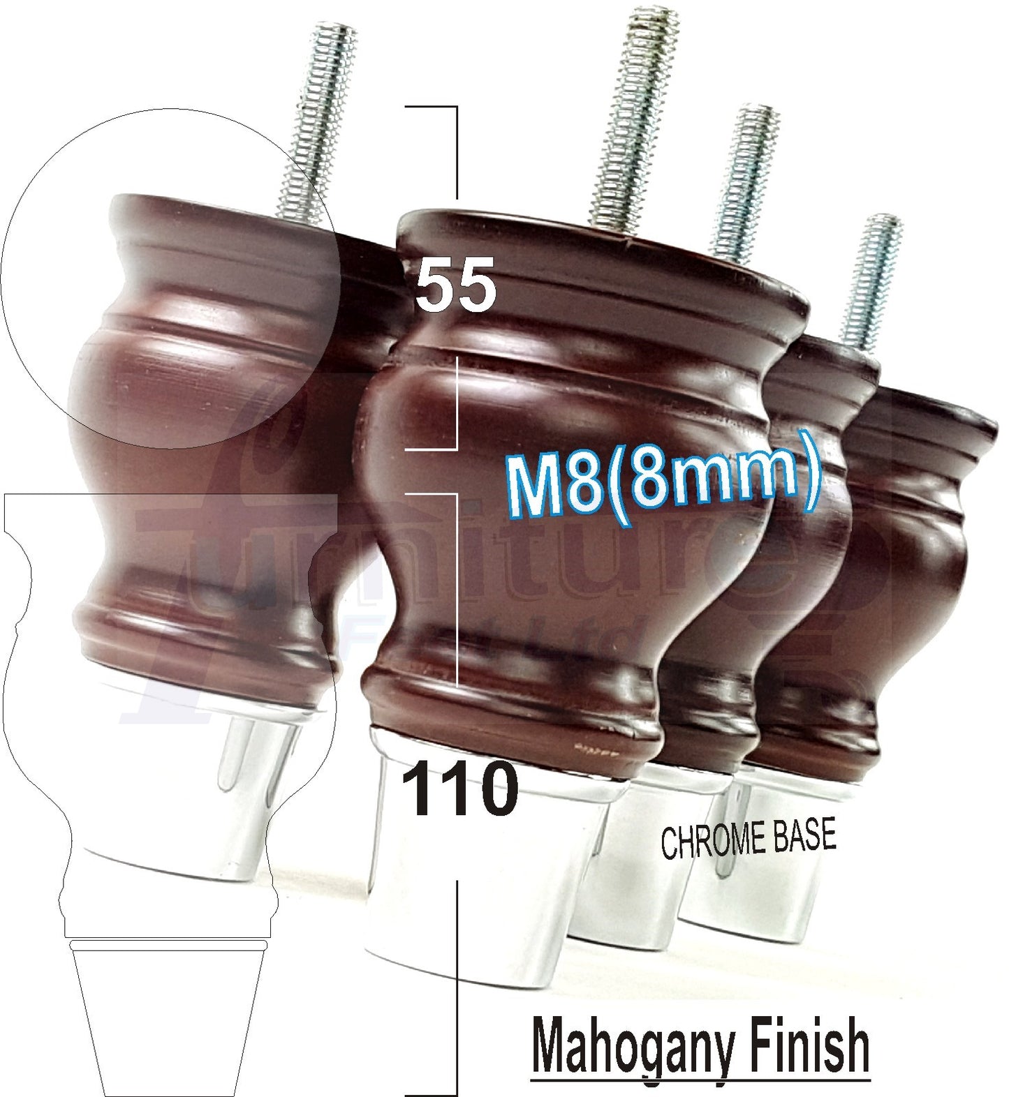 4x Turned Wood Furniture Feet M8(8mm) With Slipper Cup Chair Sofa Settee Legs 110mm