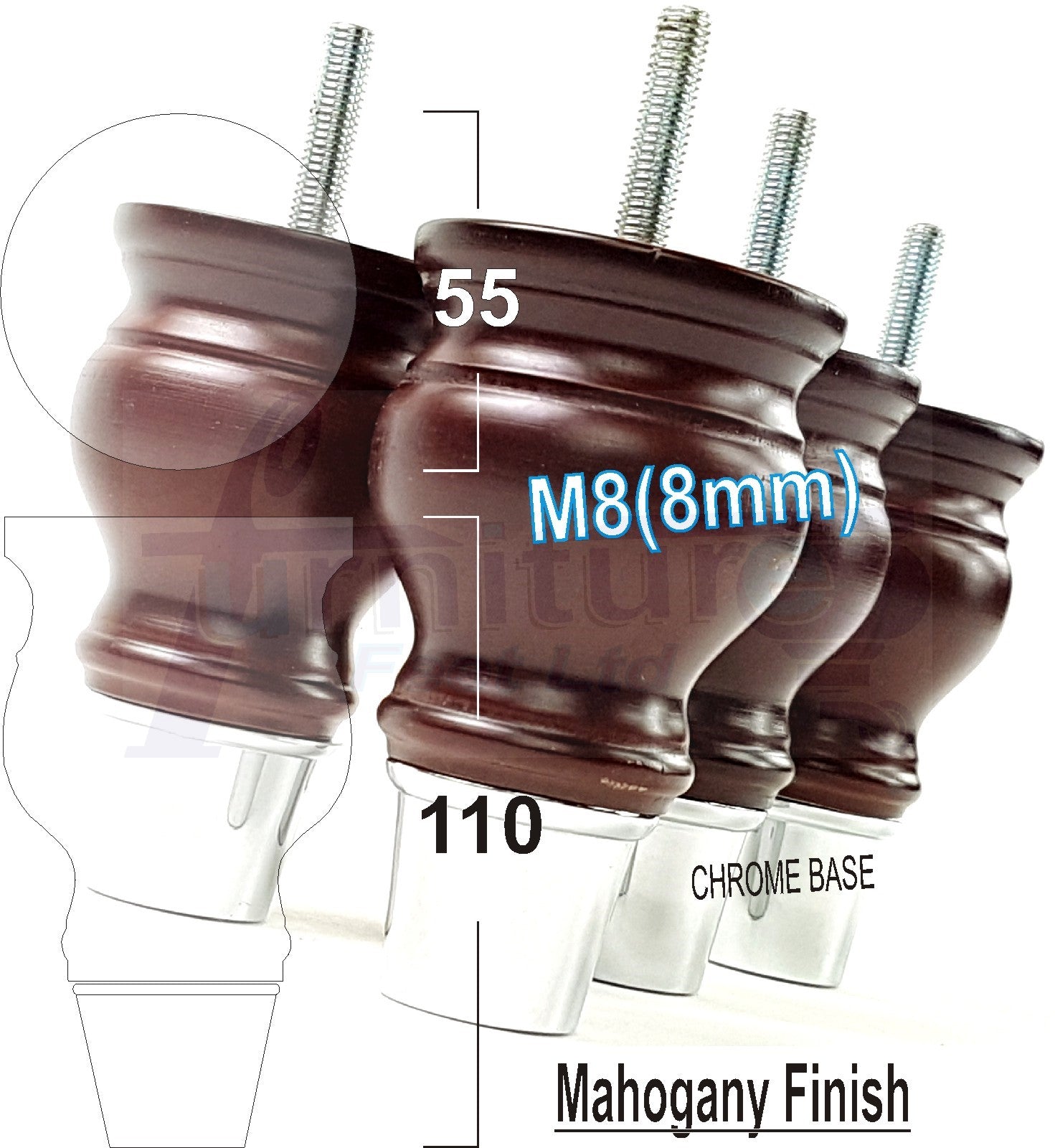 4x Turned Wood Furniture Feet M8(8mm) With Slipper Cup Chair Sofa Settee Legs 110mm