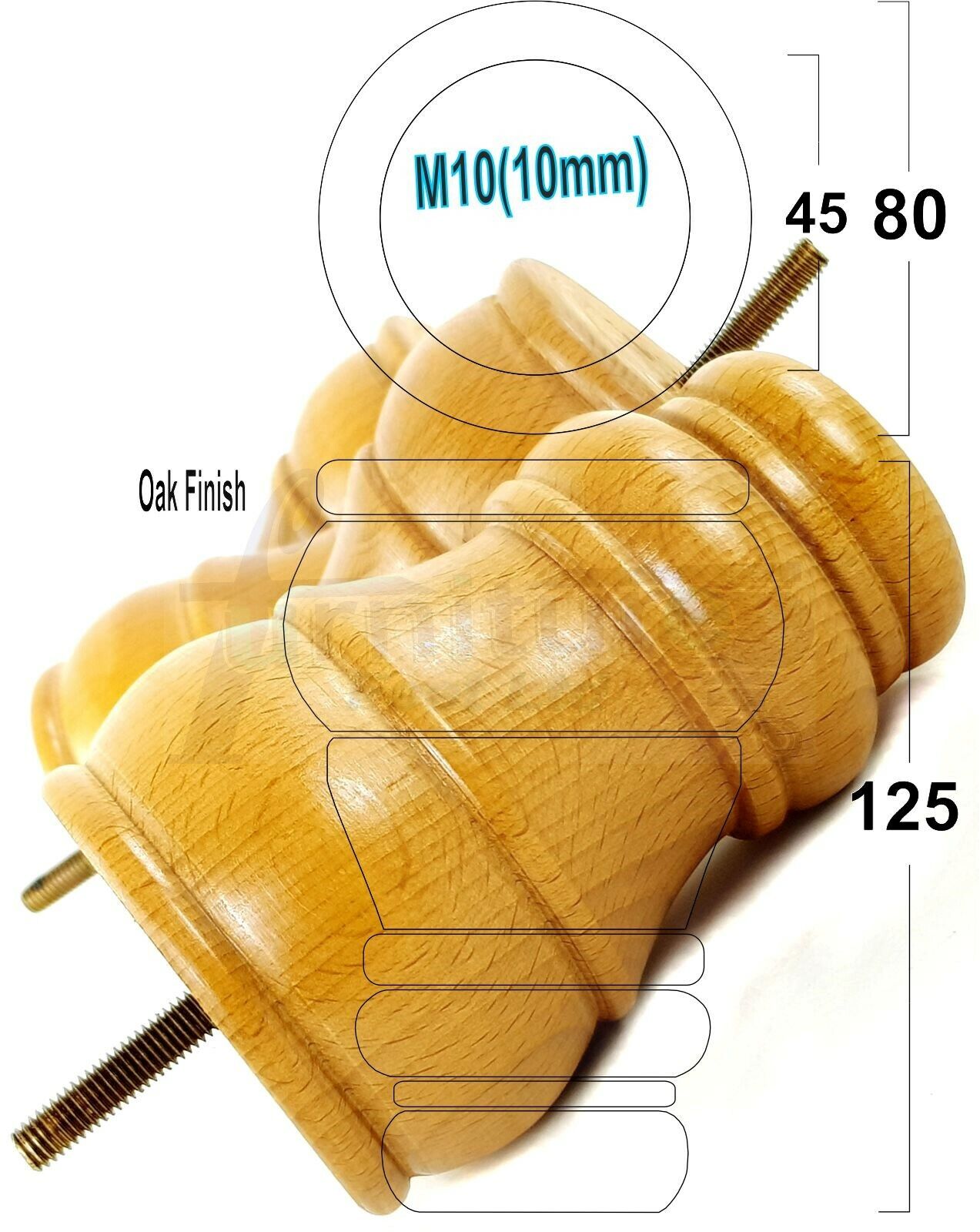 4 Turned Wood Furniture Legs M10 Thread Replacement Feet 125mm High Sofa Chairs Beds