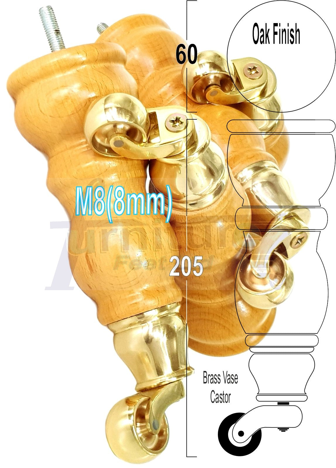 Solid Wood Furniture Feet With Castors Set of 4 Legs 205mm High For Sofas Chairs Stools Cabinets & Beds M8