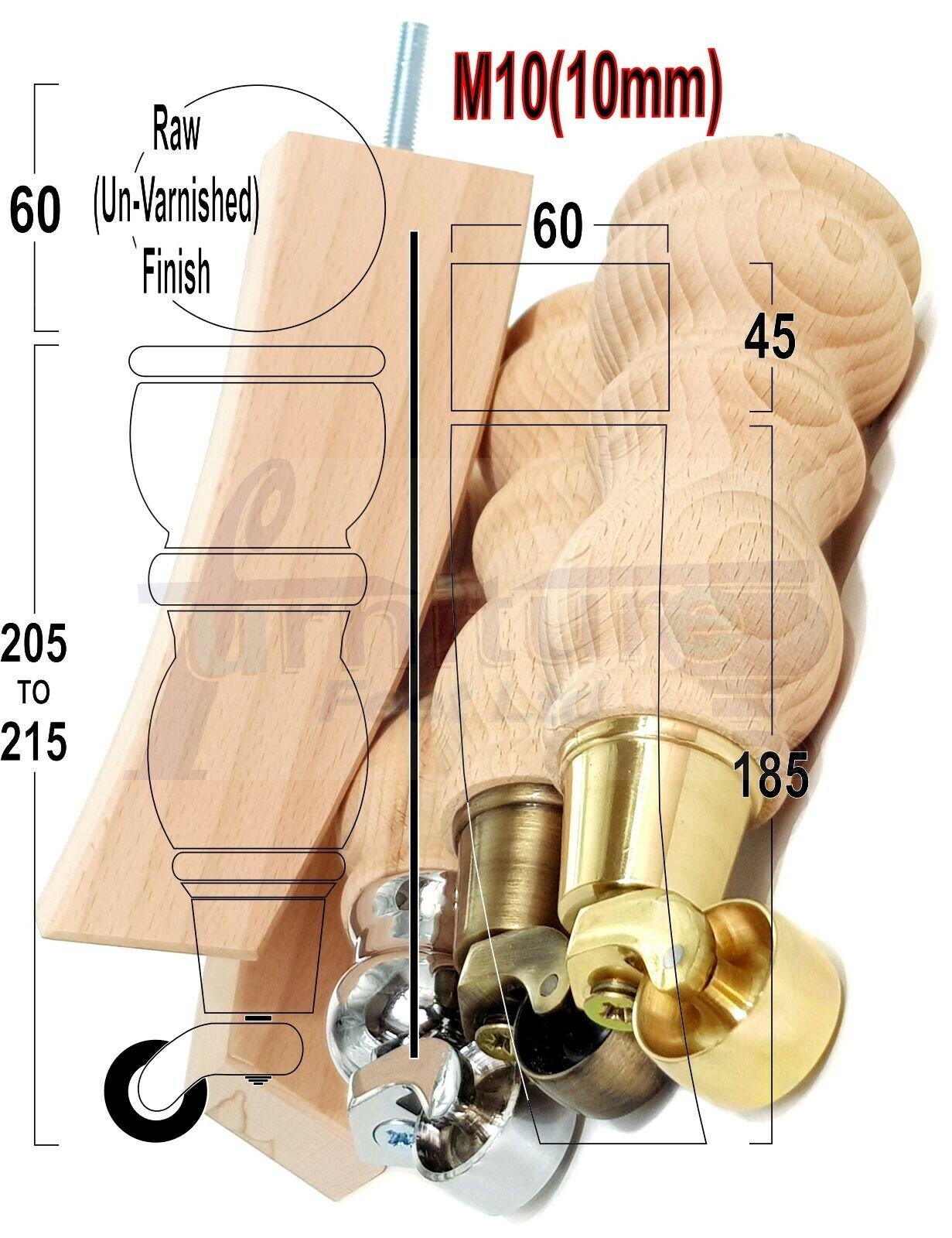2x Wood Furniture Castor Settee Feet & 2x Curved Legs 10mm Thread 205mm High Raw (Un-Varnished) For Sofas Chairs Stools Cabinets & Beds
