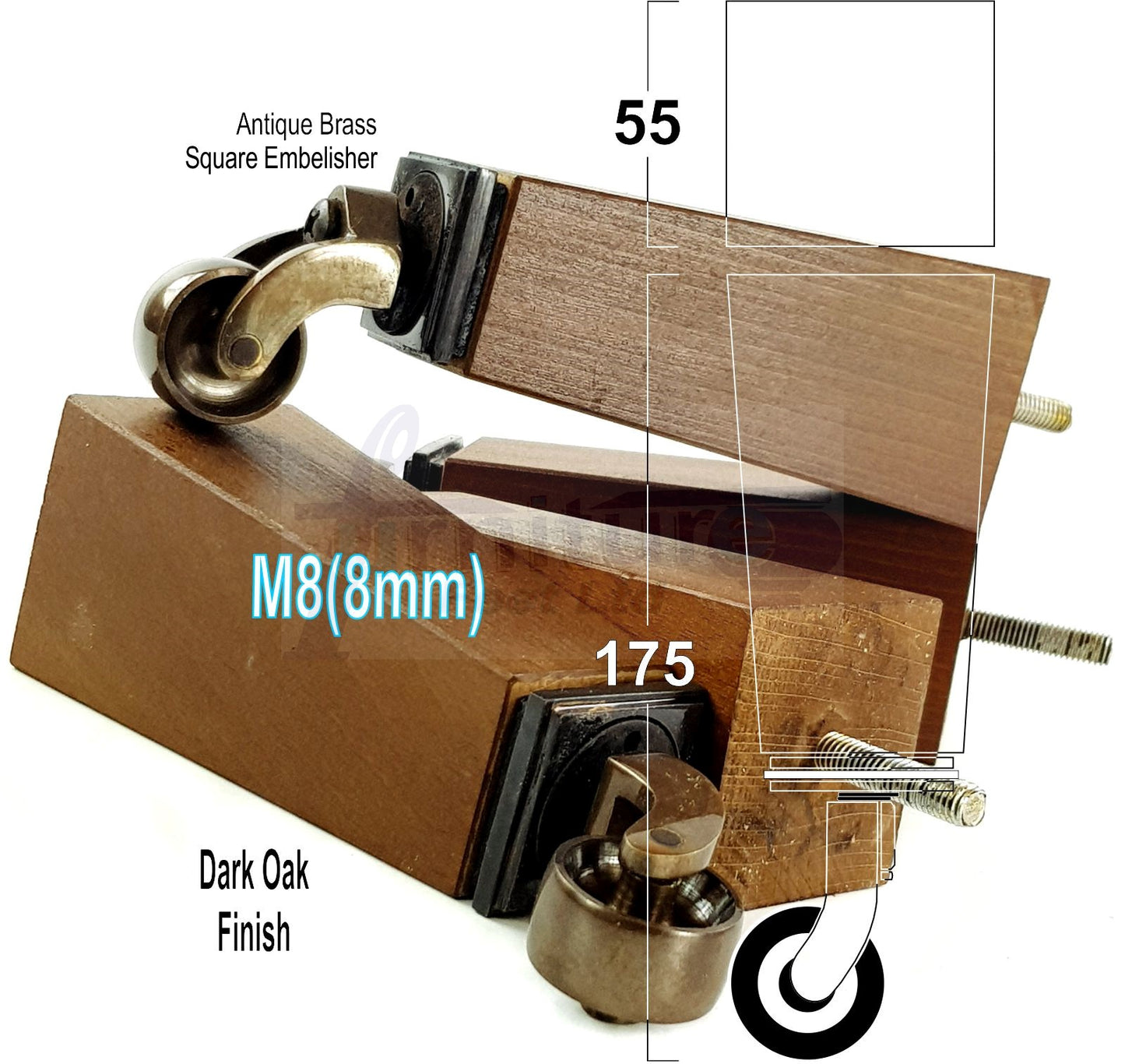 4x Solid Wood Furniture Legs Chair Sofa Bed Replacement Feet 175mm High With Antique Castors 8mm Thread