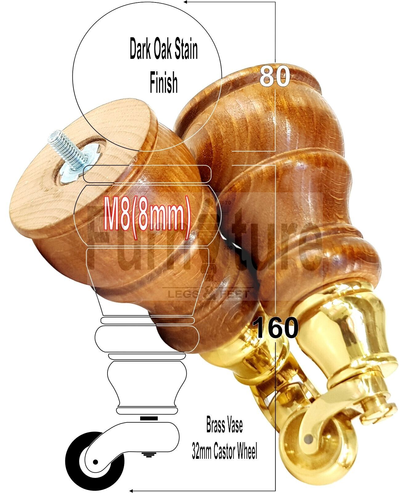 4 Turned Wood Feet Dark Oak Stain Castor Legs Chair Furniture Stools Sofa Chairs M8 160mm 6 Inch High