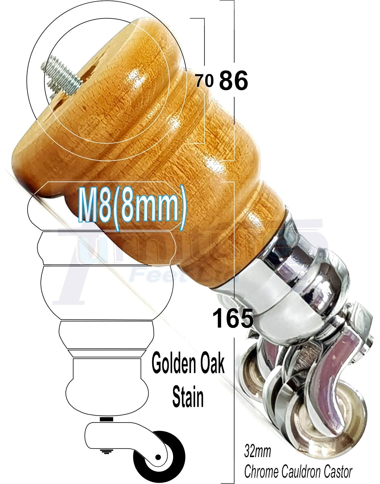 4 Turned Wood Furniture Feet With Chrome Cauldron Castors 155mm Legs Sofas Chairs Stools Cabinets Beds M8 6 Inches