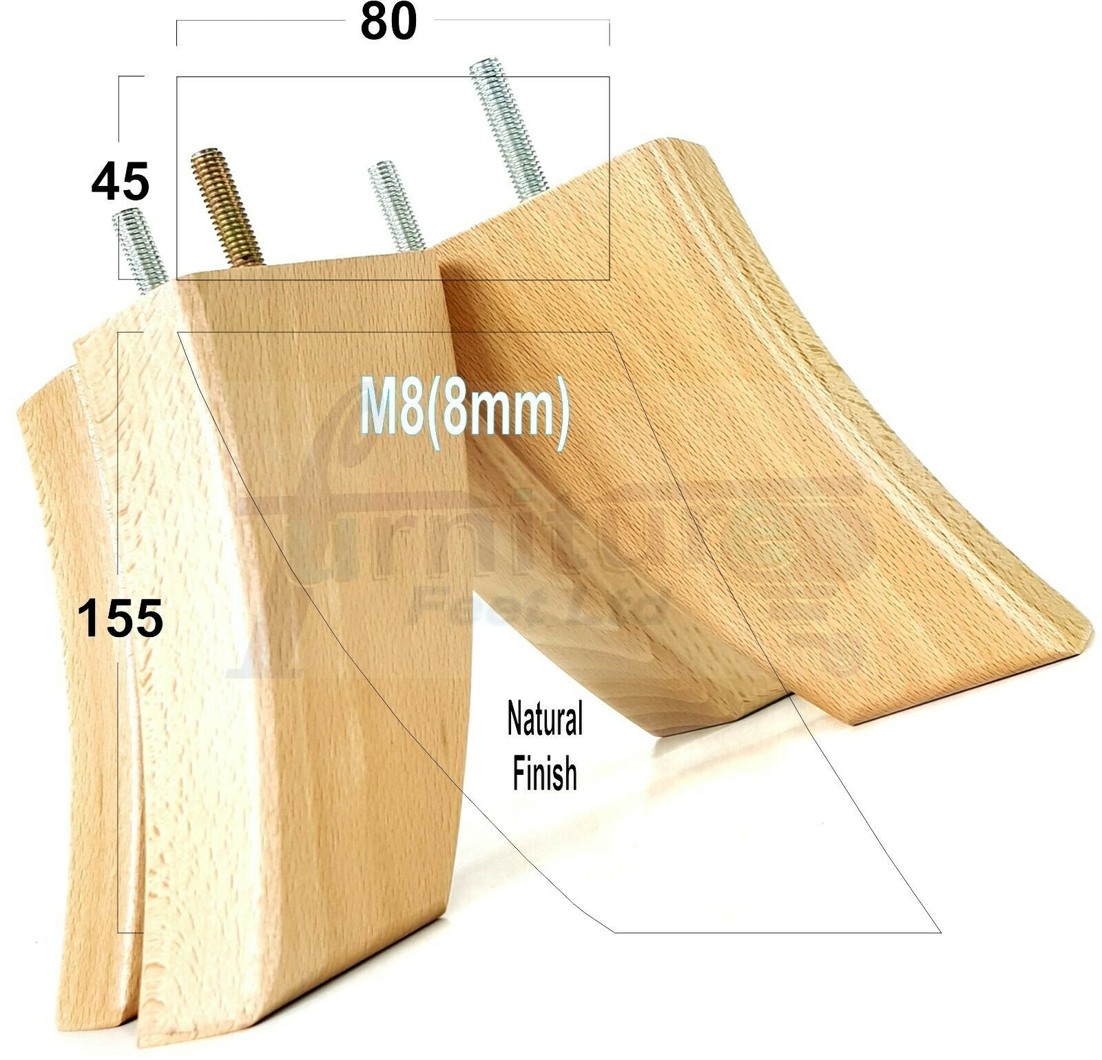 SET OF 4 WOODEN FURNITURE FEET 155mm HIGH REPLACEMENT SOFA LEGS 8mm Thread