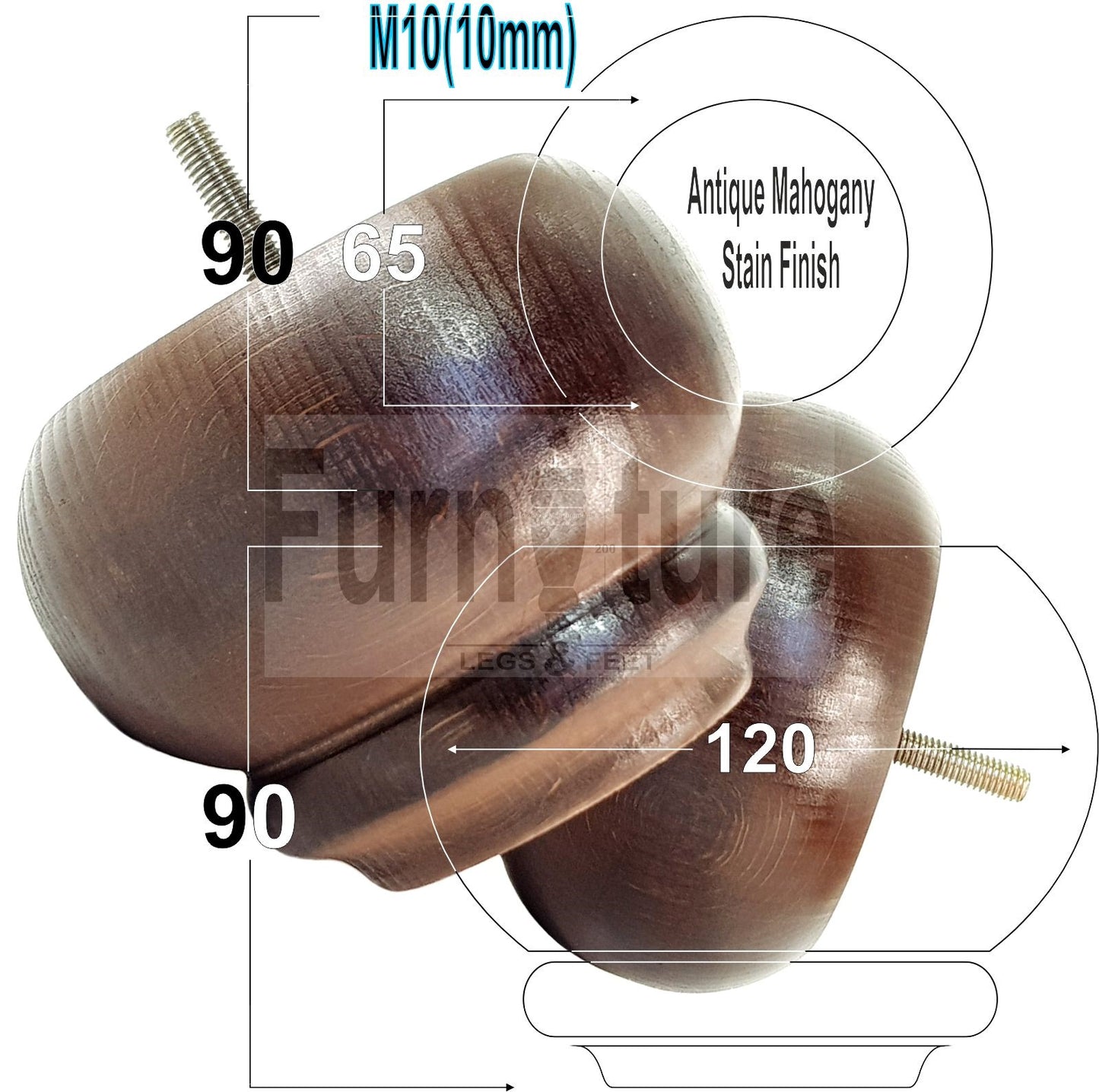  4 Turned Wooden Furniture Legs Replacement Feet 50mm High 10mm Thread For Settees, Chairs