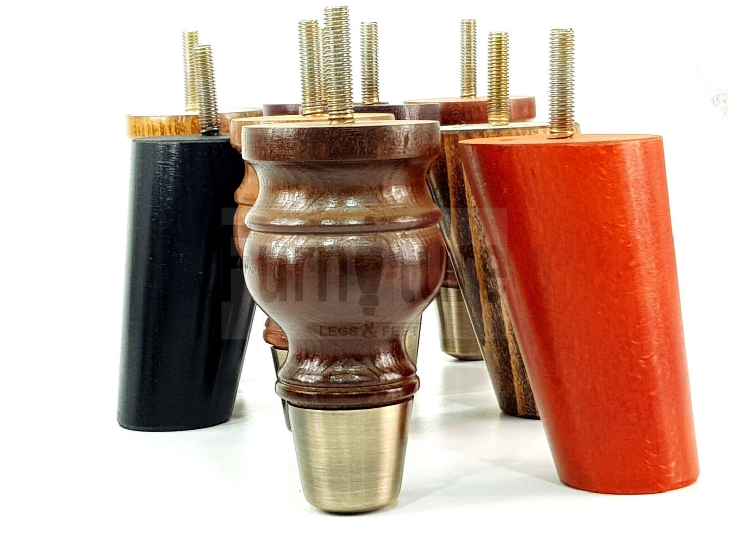 2x Turned Wood Furniture Feet Antique Brass Slipper Cup 2x Curved Back Legs M8 Chair Sofa Settee Legs 110mm