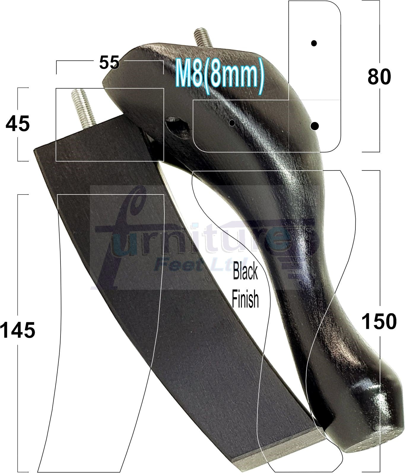 2x Vintage Queen Anne Replacement Furniture Legs & 2x Curved Back Feet 150mm 6 Inch High 8mm Thread