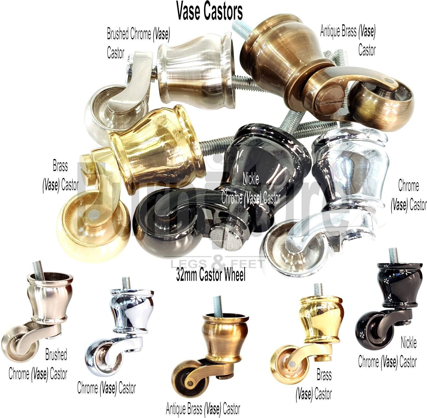 Set Of 4 Turned Furniture Wood Feet Chrome Castors 140mm Sofas Chairs Settee Cabinets Beds M8(8mm)