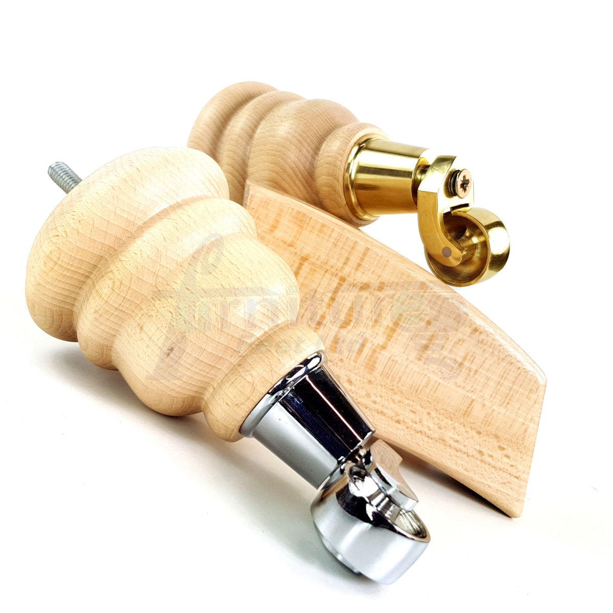 Turned Clear Wood Furniture Legs Replacement Feet 2 with Castors 155mm and 2 Curved Back Legs M8 6 Inches