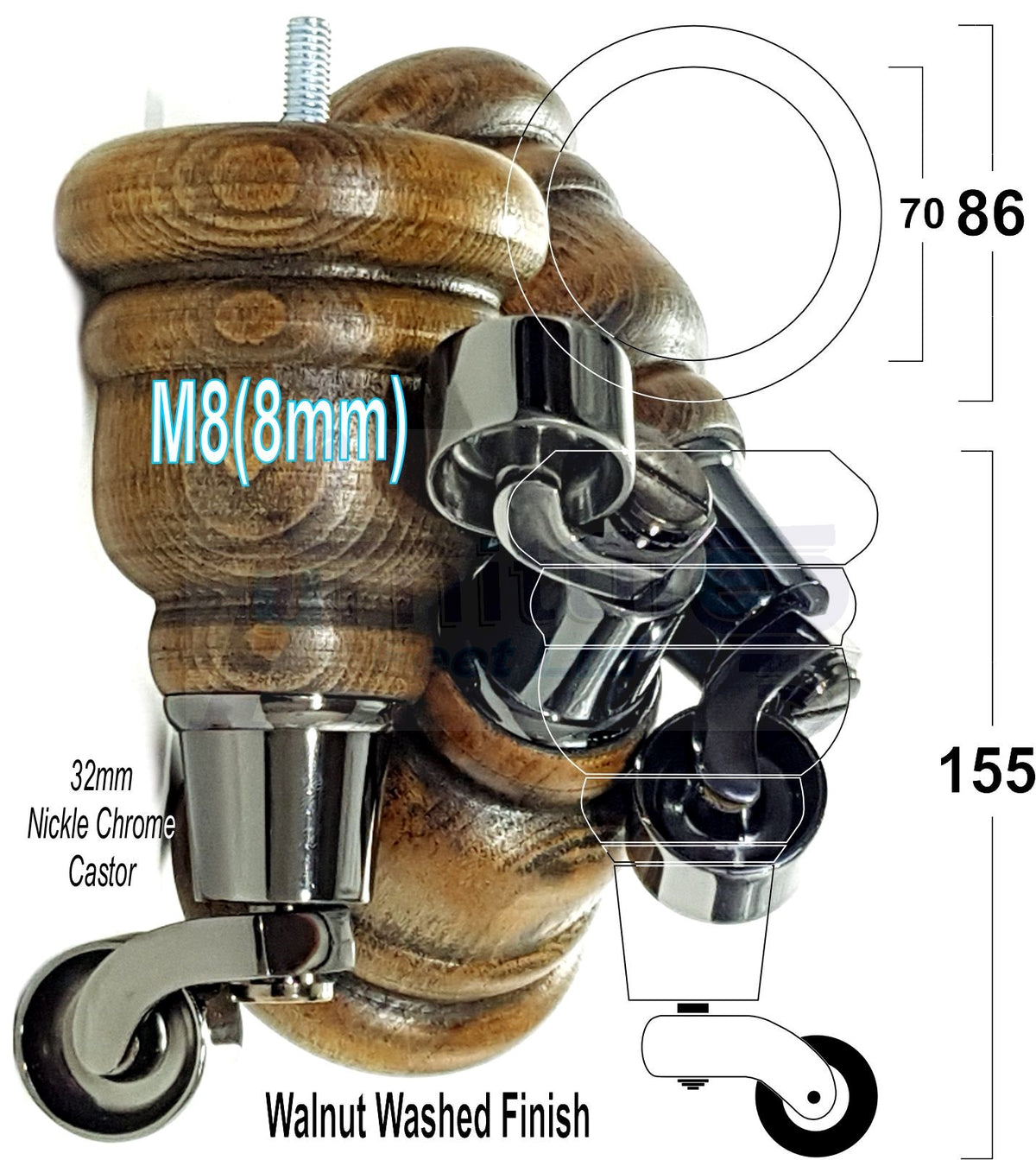 4 Turned Wooden Replacement Furniture Legs with Castors 6 Inch 155mm High Sofa Feet M8 Dowl Fixing - Black Castor